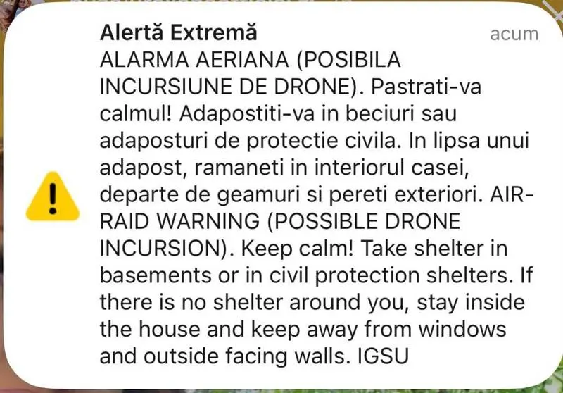 RO-Alert: Avertisment pentru nordul și nord-estul Tulcii din cauza posibilei incursiuni de drone